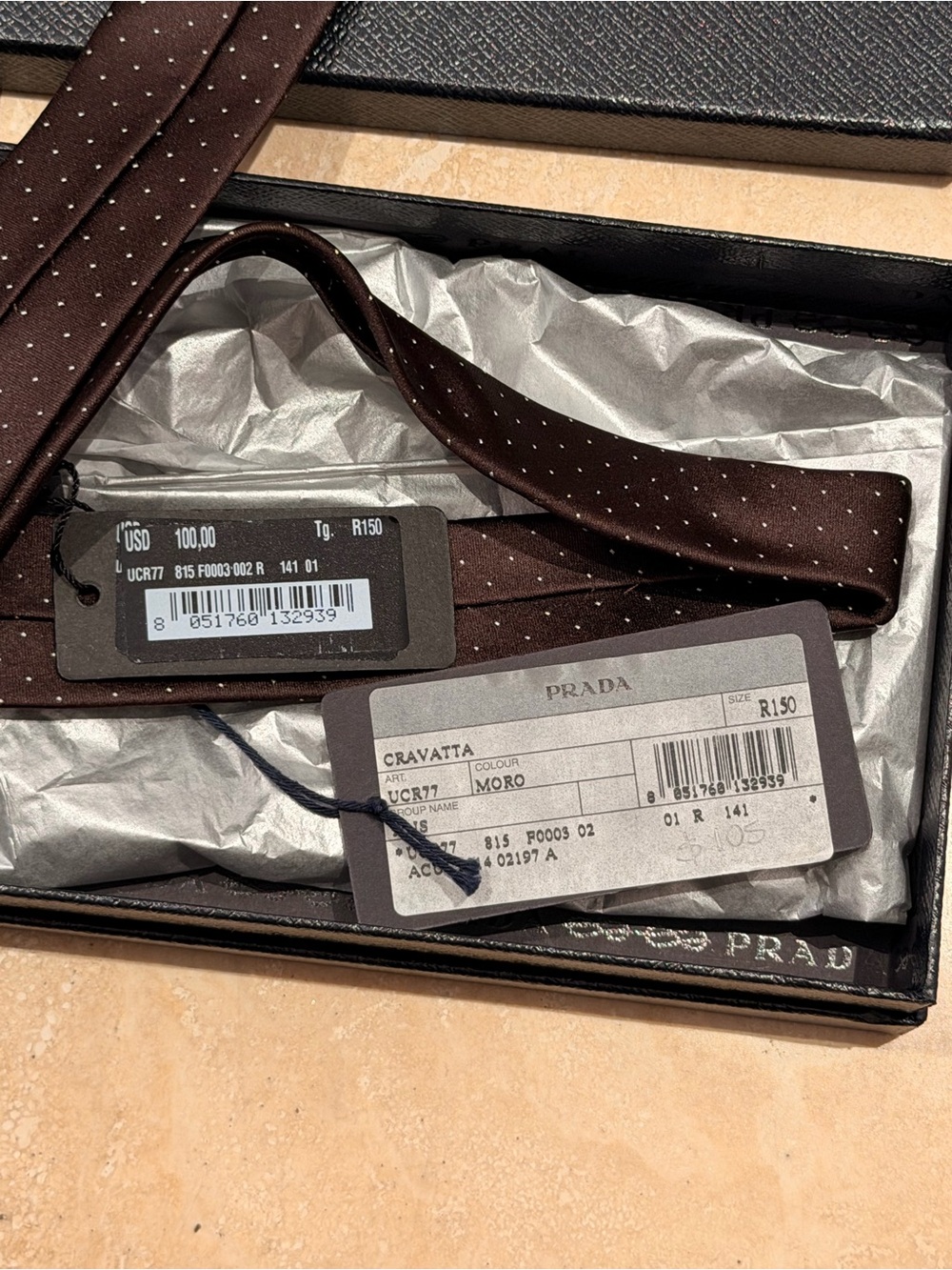 Prada Dark Brown Silk Tie with Microdots NWT and Box - Picture 3 of 5